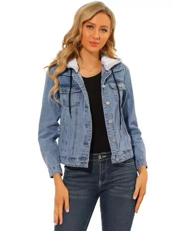 Allegra K Women’s Removable Hood Button Up Layered Drawstring Denim Jackets