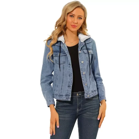 Allegra K Women's Removable Hood Button Up Layered Drawstring Denim Jackets