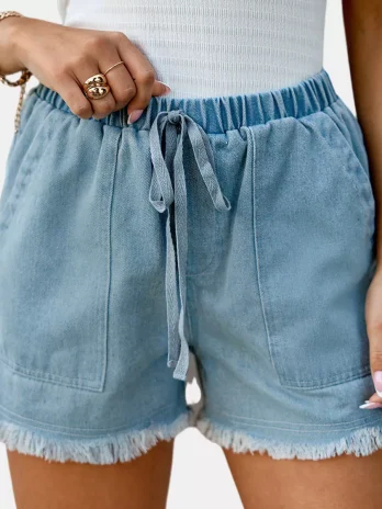 Women’s Denim Frayed Drawstring Shorts -Cupshe