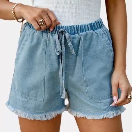 Women's Denim Frayed Drawstring Shorts -Cupshe