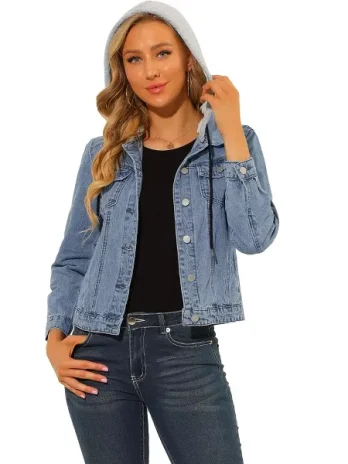 Allegra K Women’s Removable Hood Button Up Layered Drawstring Denim Jackets