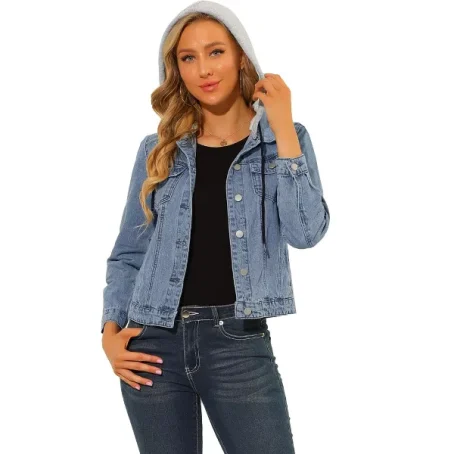 Allegra K Women's Removable Hood Button Up Layered Drawstring Denim Jackets - 图片 2