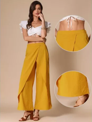 INSPIRE CHIC Women’s Casual Wide Legs Back Elastic High Waist Split Side Trousers