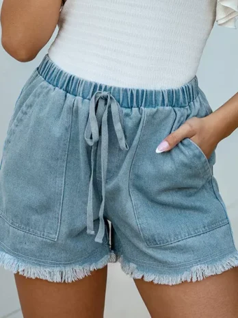 Women’s Denim Frayed Drawstring Shorts -Cupshe
