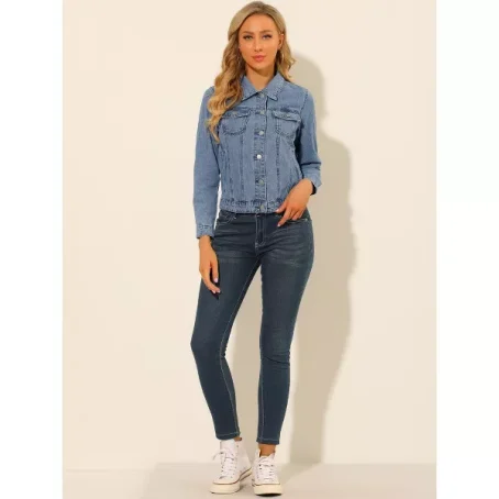 Allegra K Women's Removable Hood Button Up Layered Drawstring Denim Jackets - 图片 3