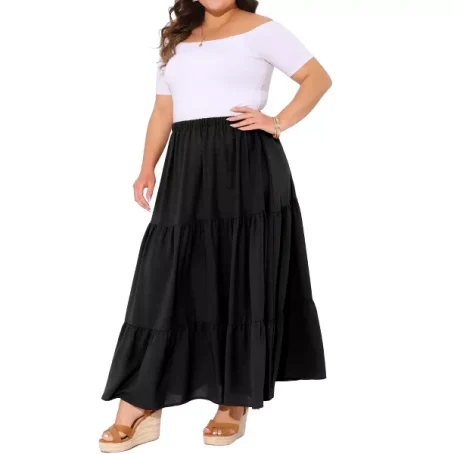 Agnes Orinda Women's Plus Size Elastic Waist High Rise Boho Flowy Casual A Line Maxi Skirts - 图片 3