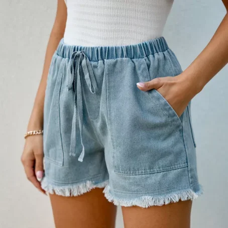 Women's Denim Frayed Drawstring Shorts -Cupshe - 图片 3