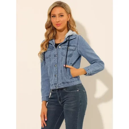 Allegra K Women's Removable Hood Button Up Layered Drawstring Denim Jackets - 图片 4