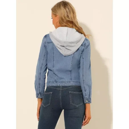 Allegra K Women's Removable Hood Button Up Layered Drawstring Denim Jackets - 图片 5
